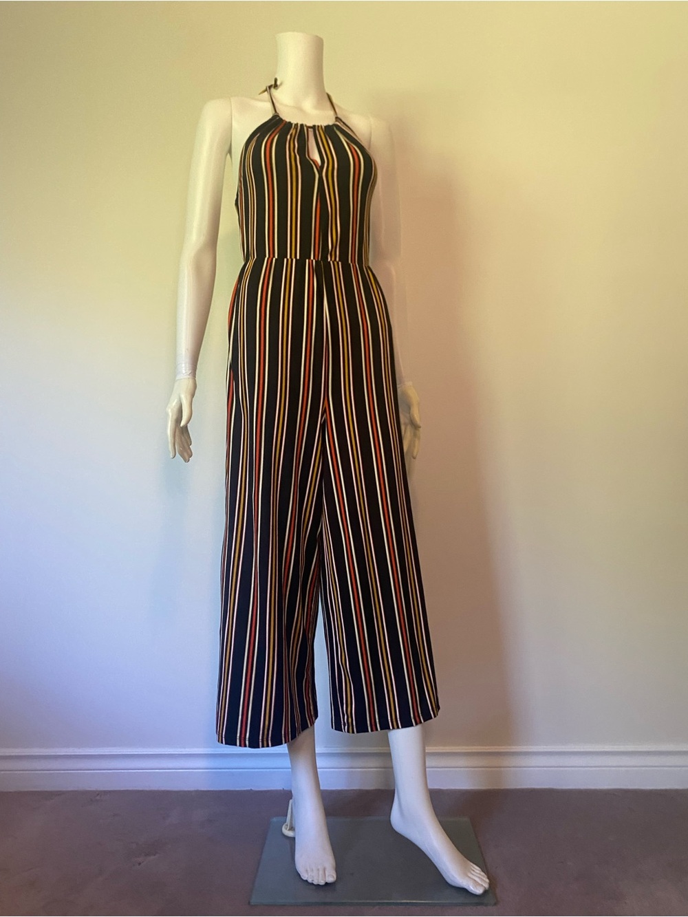 Striped Halter Wide-Leg Jumpsuit in Black